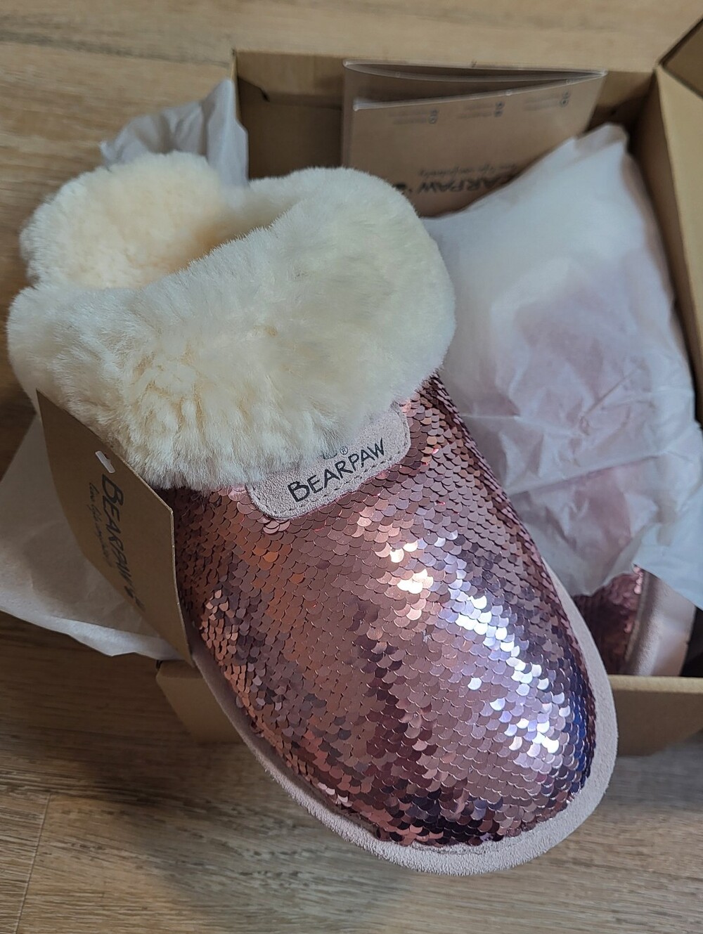 BearPaw Loki Exotic Slippers Pink Sequin Slip-On Mules in Rose Gold